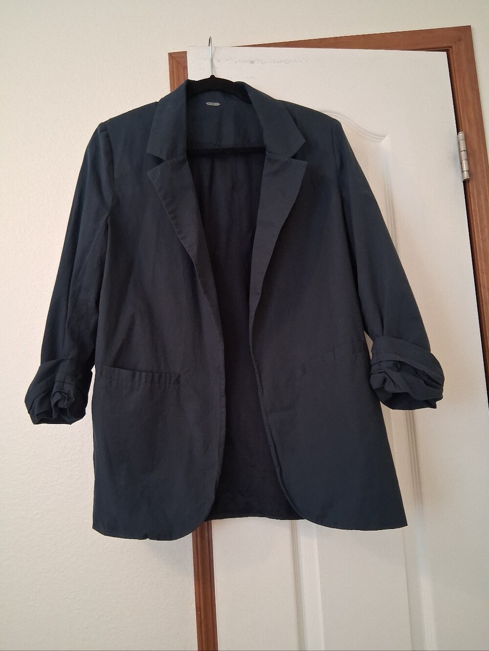 Chan Luu Navy Blue Open Front Cardigan Blazer Jacket Pockets Cotton Ruched Hem